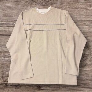 Faded Glory Beige Long-Sleeve Crewneck Shirt L (42/44) 100% Cotton Striped Desig